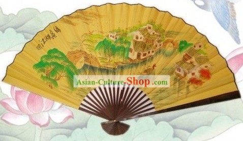 65 Inches Chinese Traditional Handmade Hanging Silk Decoration Fan - Ancient Village Scene