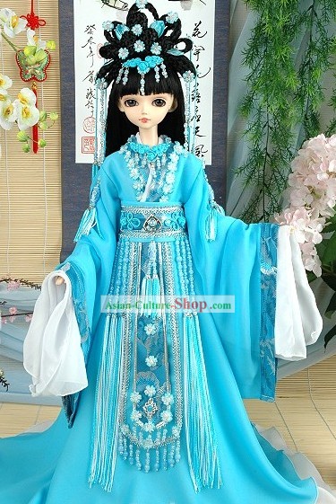 Chinese Ancient Princess Blue Costume and Hair Accessories Complete Set