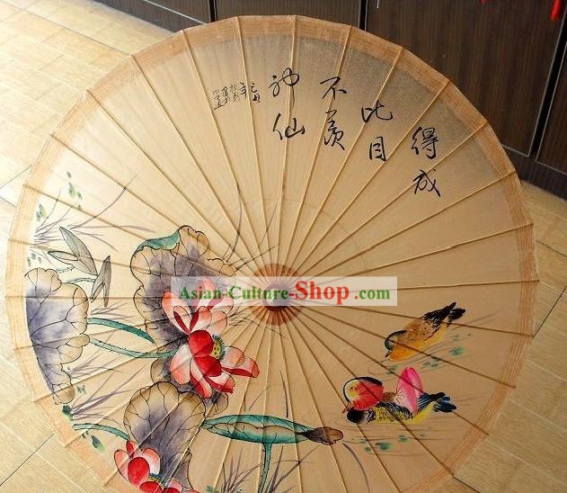 Chinese Painted Mandarin Duck and Peony Painting Umbrellas