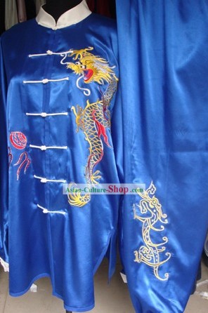 China Martial Arts Tai Chi Embroidered Dragon Blouse and Pants Complete Set