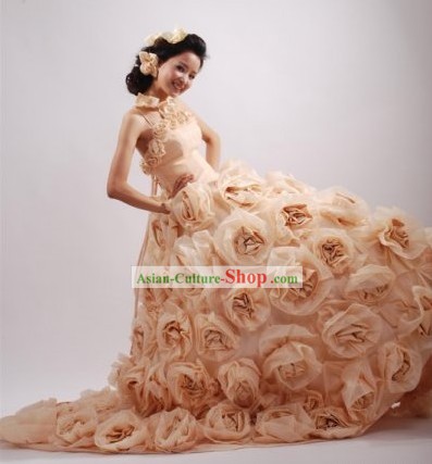 Romantic Rose Design Wedding Dress and Hair Decoration Complete Set for Women