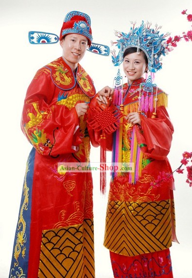 Chinese Gorgeous Ancient Wedding Dress 2 Complete Sets for Bride and Bridegroom