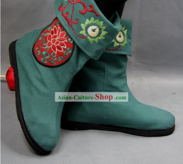 Chinese Green Embroidered Flower Cloth Boots
