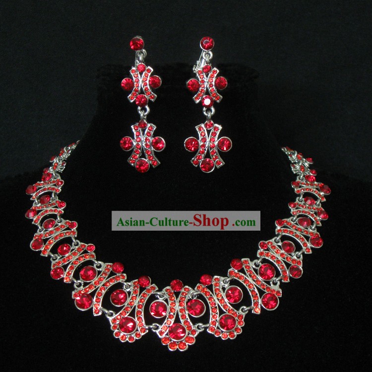 Chinese Traditional Lucky Red Wedding Necklace and Earrings Jewelry Set