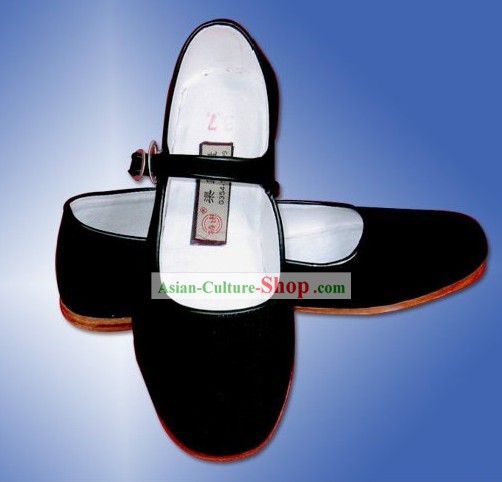 Chinese Traditional Handmade Black Cloth Shoes with Strap