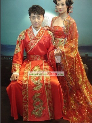 Chinese Traditional Dragon and Phoenix Wedding Dress 2 Sets for Bride and Bridegroom