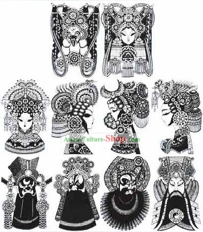 Large Chinese Traditional Handmade Opera Mask Papercut (10 pieces black and white set)