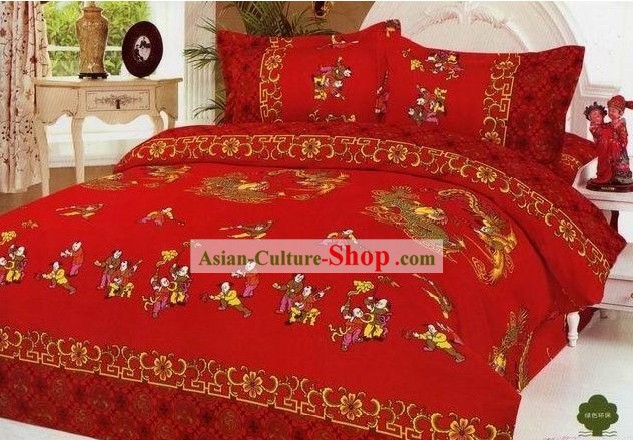 Chinese Stunning Cotton Wedding Bed Sheet Set(Four Pieces)- Have Sons Early