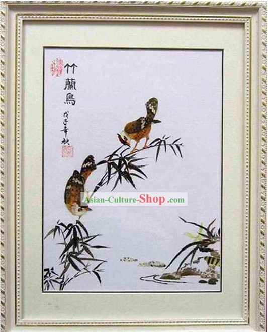 Handmade Real Butterfly Wing Painting - Bamboo and Birds