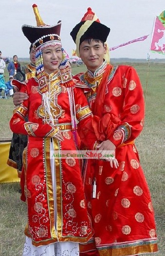 Mongolian Wedding Dress and Hat Complete Set for Bride and Bridegroom
