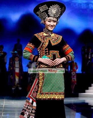 Chinese Traditional Yi Minority Dance Costumes and Hat Complete Set
