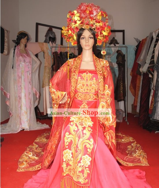 Ancient Chinese Princess Red Palace Wedding Dress and Headpiece Complete Set
