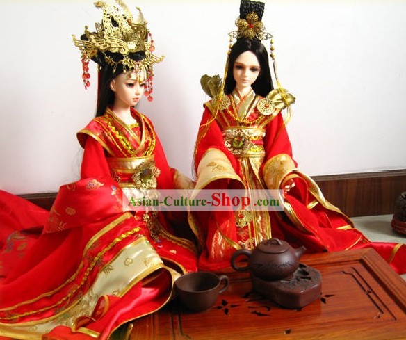 Ancient Chinese Wedding Dresses and Hair Accessories Two Complete Sets for Brides and Bridegrooms
