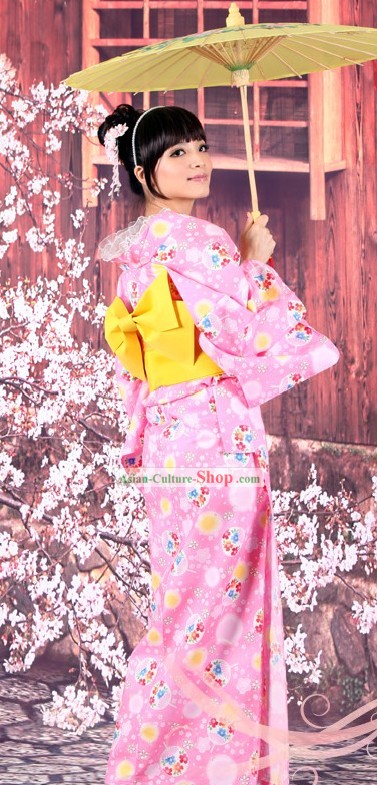 Traditional Japanese Yukata Kimono Obi Belt and Geta Sandal Complete Set for Women
