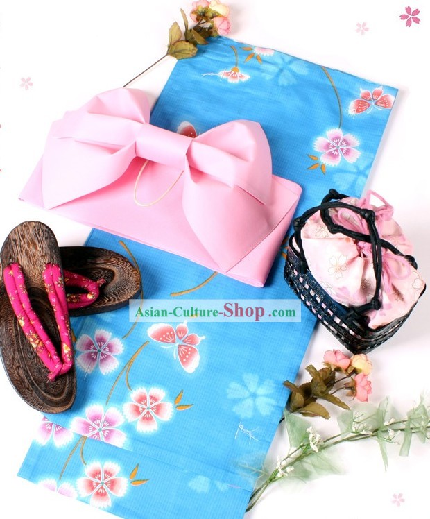 Japanese Blue Yukata Kimono Obi Belt Geta Sandal Complete Set