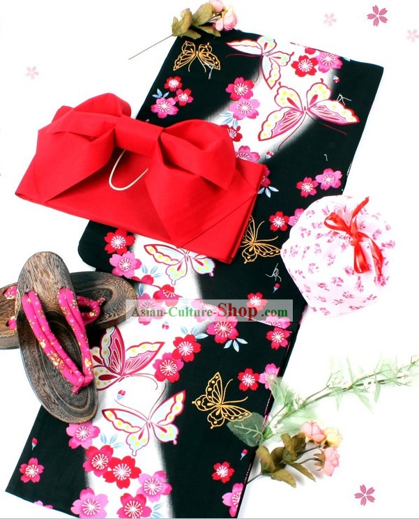 Traditional Japanese Butterfly Yutaka Kimono Obi and Geta Sandal Complete Set for Women