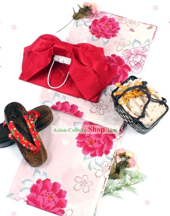 Japanese Yutaka Kimono Clothing Obi and Geta Sandal Complete Set for Women