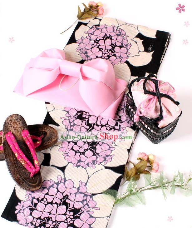 Japanese Romantic Pink Yutaka Kimono Obi and Geta Sandal Complete Set for Women