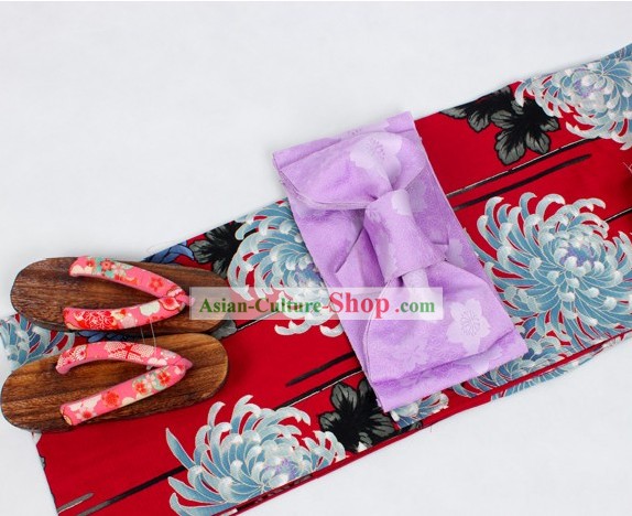 Japanese Yukata Kimono Obi and Geta Sandal Complete Set for Women