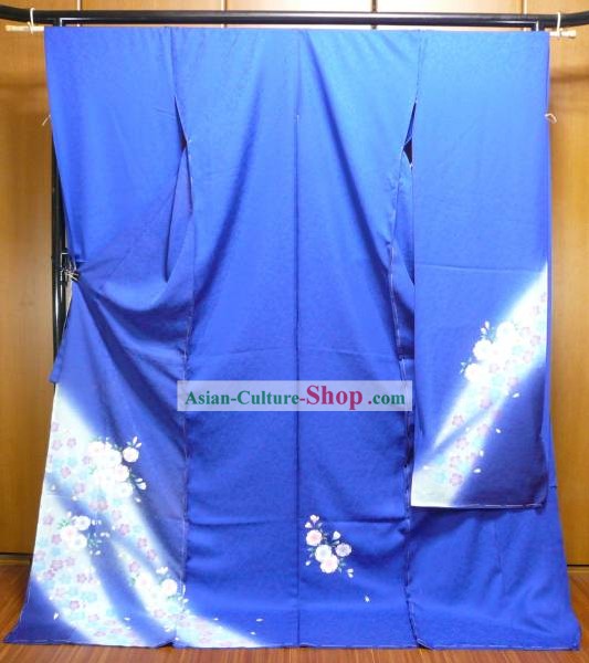Traditional Japanese Blue Furisode Kimono Dress Obi and Geta Sandal Complete Set for Women