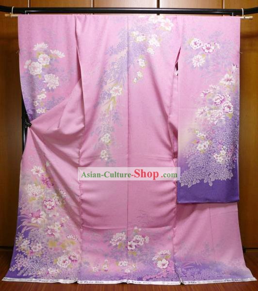 Traditional Japanese Furisode Kimono Dress Obi and Geta Sandal Complete Set for Women