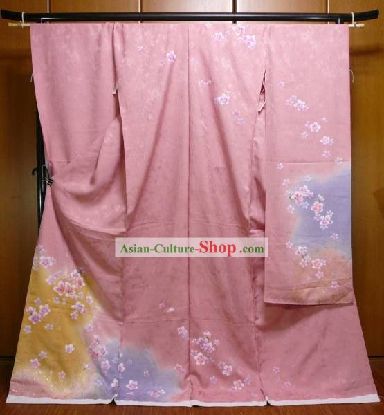 Japanese Classic Furisode Kimono Dress Obi and Geta Sandal Complete Set for Women
