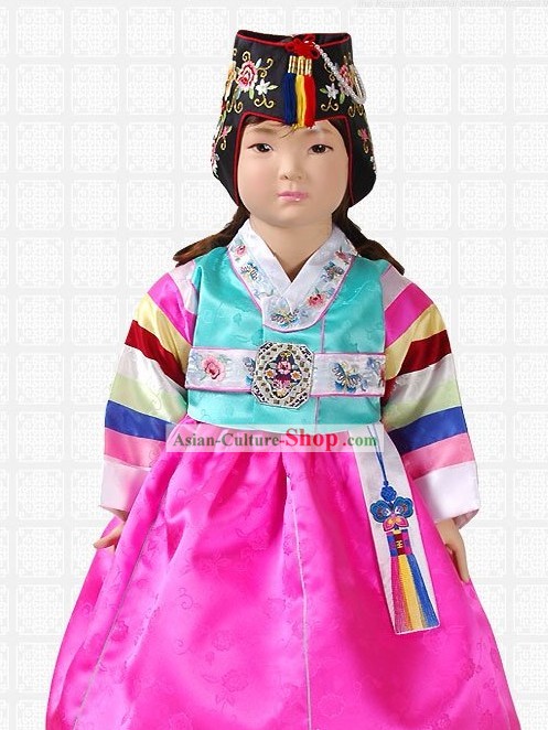 Traditional Korean Baby Girl Hanbok Clothing and Hat Complete Set