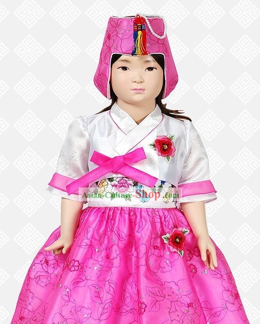 Traditional Korean Hanbok Clothing and Hat Complete Set for Girls