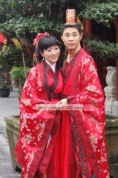 Genuine Chinese Wedding Hanfu Two Sets for Bride and Groom