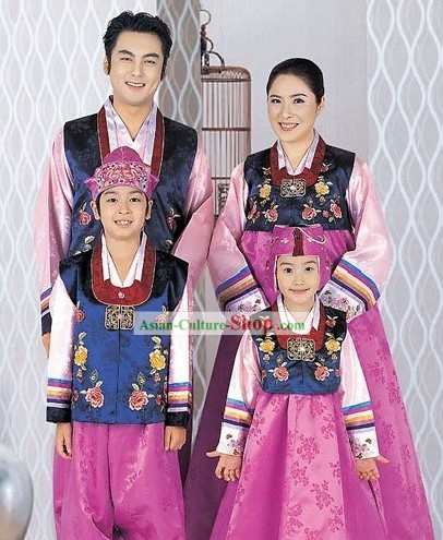 Traditional Korean Family Father Mother Son Daughter Wedding Hanbok 4 Sets