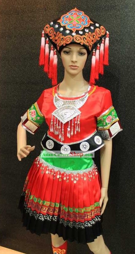 Chinese Folk Tribe Dance Costumes and Hat