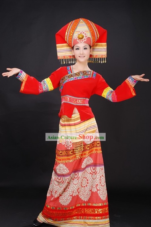 Chinese Ethnic Wedding Dress and Hat Complete Set