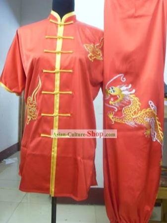 Chinese Red Silk Dragon Kung Fu Practice Uniform
