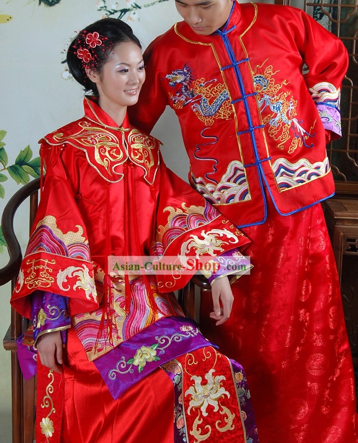 Stunning Chinese Red Dragon and Phoenix Wedding Dresses 2 Sets for Brides and Bridegrooms
