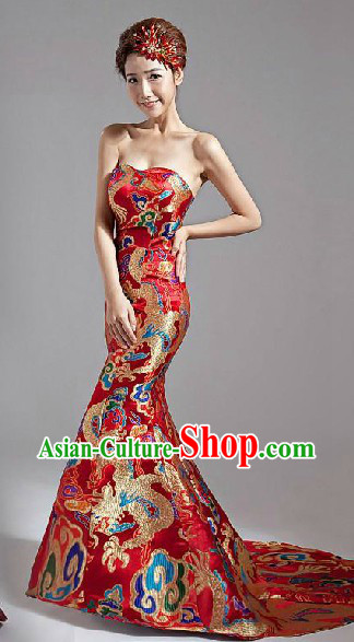 Long Tail Chinese Classic Red Dragon Wedding Evening Dress for Women