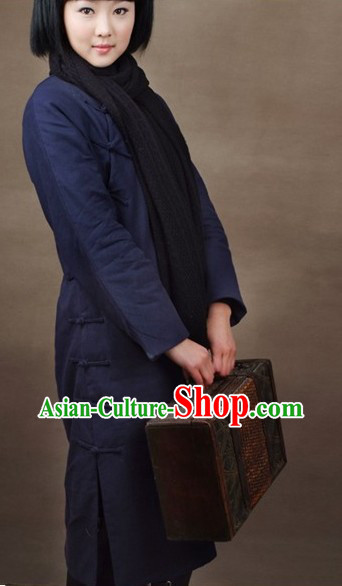 Chinese Deep Blue Minguo Old Time Cotton Winter Cheongsam