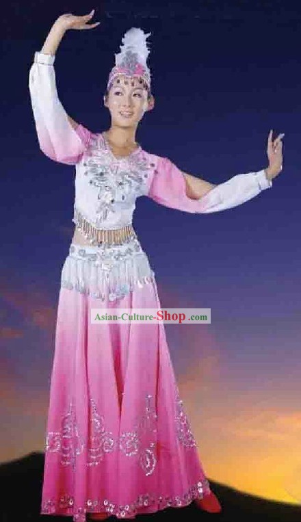 Chinese Xinjiang Uyghur Minority Pink Female Dance Costume and Hat