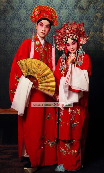 Chinese Beijing Opera Red Sheng and Dan Actress and Actor Two Costumes and Hats