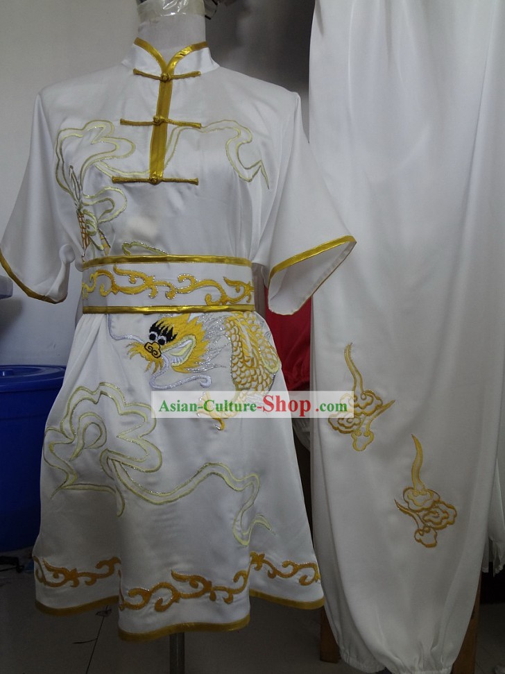 Supreme Silk White Embroidered Dragon Martial Arts Costumes for Men