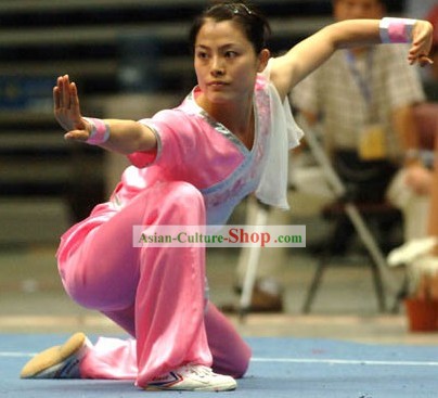 Pink Martial Arts Competition and Exercises Silk Suit for Women