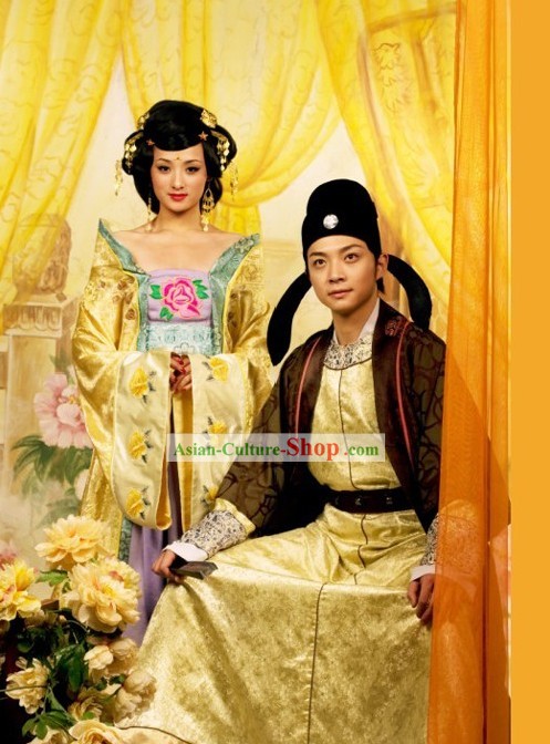 Ancient Chinese Tang Dynasty Husband and Wife Clothing and Hat Two Complete Sets
