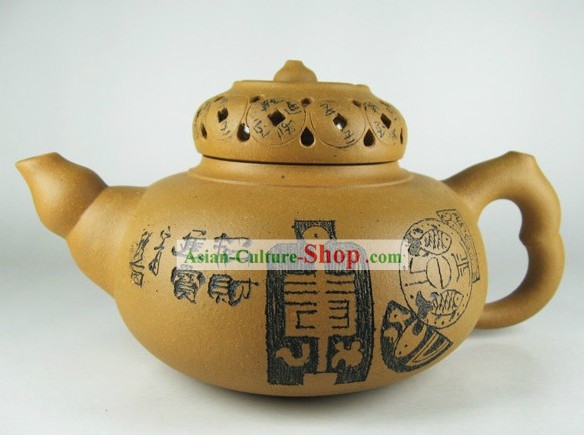 Traditional Chinese Zisha Hulu Gourd and Coins Teapot