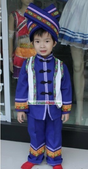Chinese Zhuang Ethnic Clothes and Hat for Children