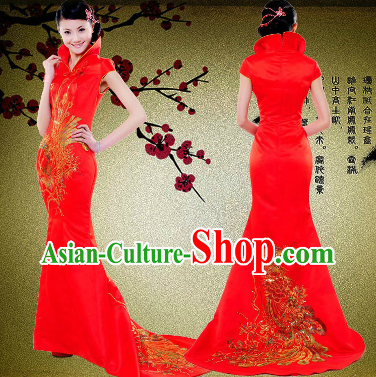High Collar Traditional Chinese Red Phoenix Wedding Dress for Brides