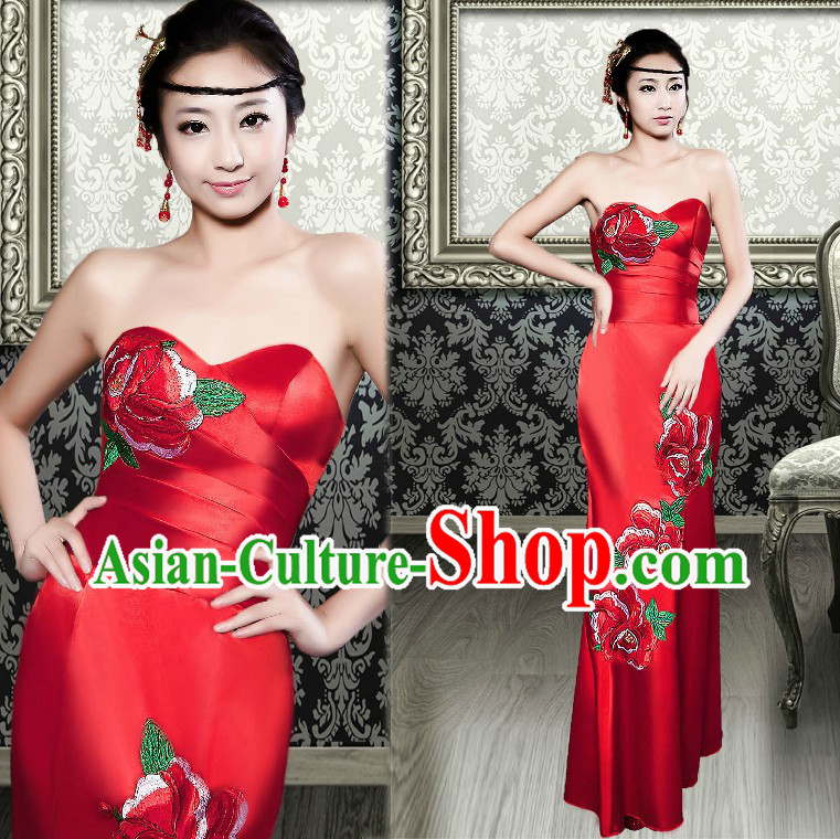 Chinese Classic Red Peony Evening Dress for Women