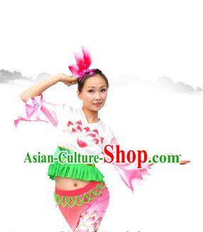 Chinese Classic Lotus Dance Costume and Lotus Headwear Complete Set