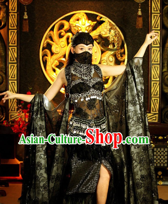 Ancient Chinese Beauty Black Dance Costume and Hair Accessories Complete Set