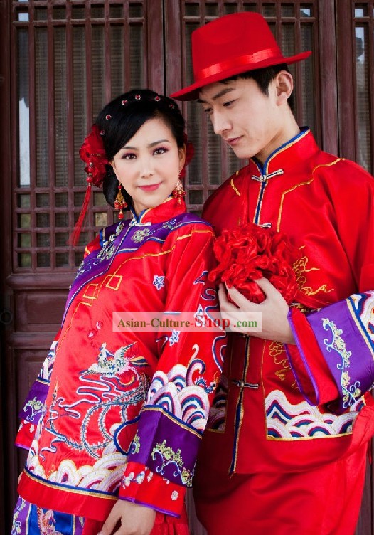Traditional Red Chinese Dragon and Phoenix Wedding Dresses for Men and Women