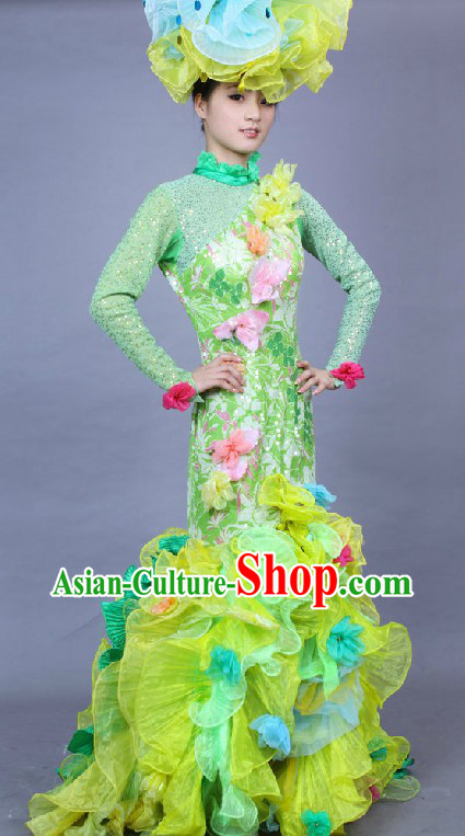 Chinese Stage Performance Flower Dance Costume and Headpiece Complete Set