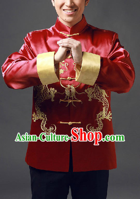 Traditional Chinese Red Mandarin Embroidered Dragon Blouse